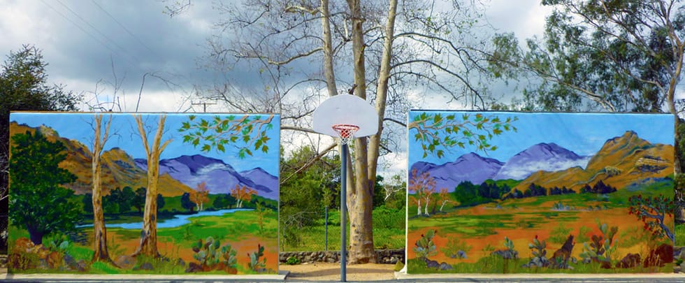 A Photograph From Silverado Park Showing The Painted Walls Behind The Basketball Court